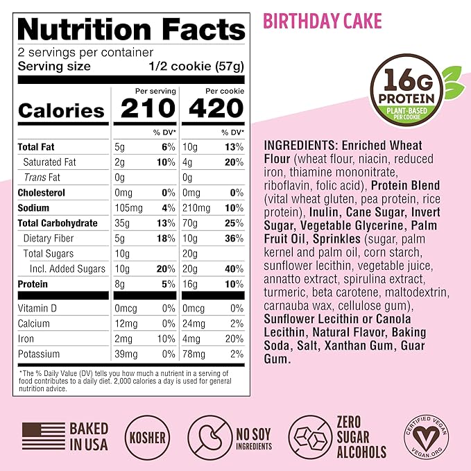 Lenny & Larry's Complete Protein Cookie, [Birthday Cake], Chewy Soft Baked, 16g Plant Protein, Vegan, Non-GMO, High Fiber, [4 Ounce] Cookie (Pack of 12)