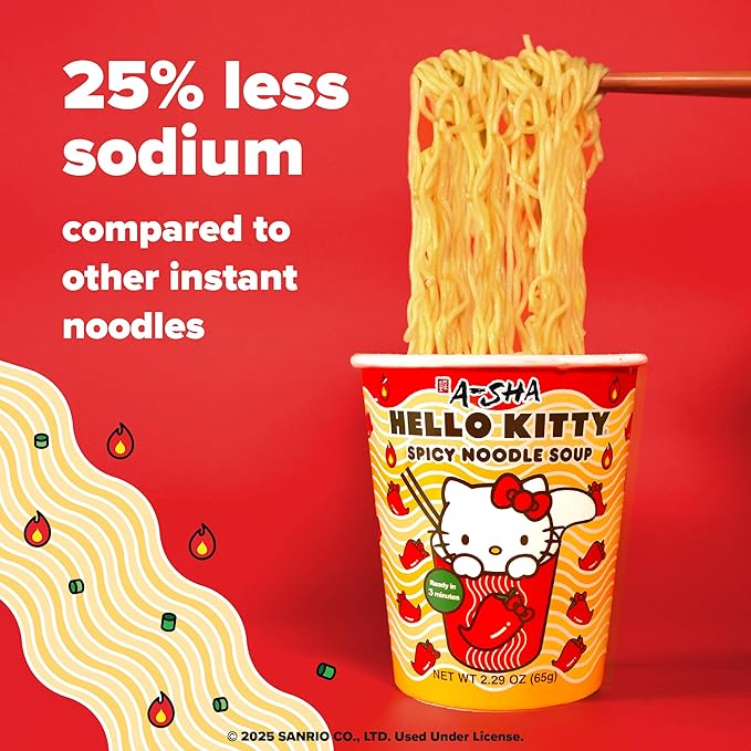 Hello Kitty Instant Ramen Noodle Cup |6 Pack Vegan Spicy Flavor | Premium Microwaveable Ramen Soup Mix, Asian Snacks