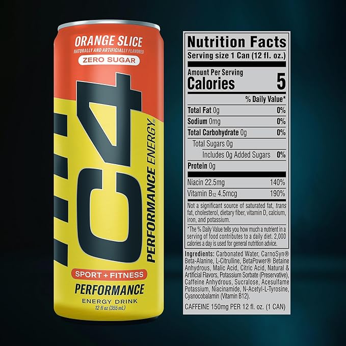Cellucor C4 Original Sugar Free Energy Drink | Orange Slice | Pre Workout Performance Drink with No Artificial Colors or Dyes,12 Fl Oz (Pack of 12)
