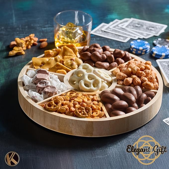 KREMERY Creamy Chocolate Cravings - Valentines Day Chocolate Covered Pretzels & Nuts Gift Basket, in Reusable Round Wooden Tray + Ribbon (7 Assortments) Sweet Treats, Kosher