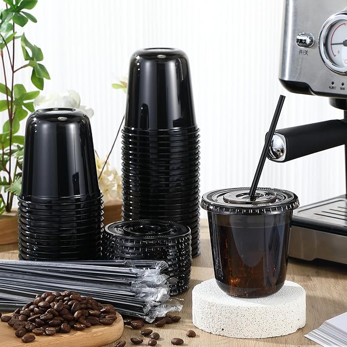Ziliny 50 Sets Clear Plastic Cups with Lids and Straws, Disposable Iced Coffee Cups Drinking PET for Cold Drinks, Juice, Smoothie, Coffee Shops, Party, Christmas (Black,12 oz)