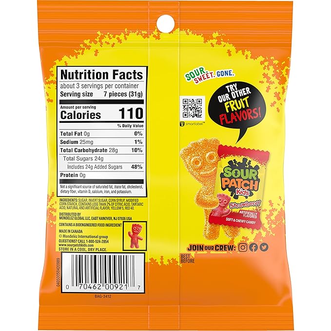SOUR PATCH KIDS Peach Soft & Chewy Candy, Bulk Candy, 12 - 3.56 oz Bags