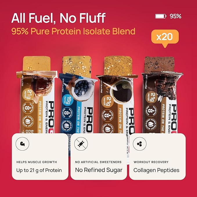 ProGo Protein Bars, Energy Bars - Up to 21g Clean Protein, Made with 95% Pure Isolate, Tallow, Collagen, Real Ingredients - Low Calorie, No Artificial Sweeteners (4-Count, Starter Pack)