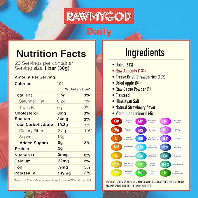 RAWMYGOD Fruit and Nut Bars, Gluten Free, Vegan, No Added Sugar (20 bars, Daily)