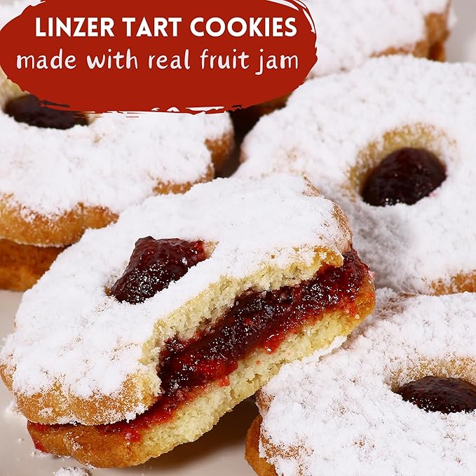 Linzer Cookies – Christmas Holiday Cookie Tin, 18 Count | Gourmet Holiday Cookies Gift Box for Colleagues, Friends & Women | Kosher, Nut-Free, Dairy-Free – Stern’s Bakery