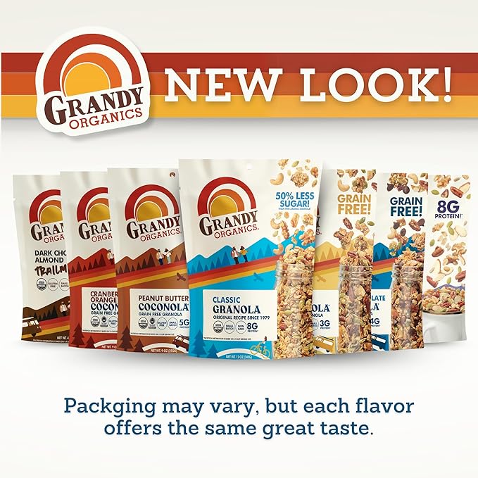 Grandy Organics Classic Granola, Certified Organic Granola Cereal, Low Sugar - Made with Oats, Pumpkin Seeds, Walnuts and Cashews, 12oz Bags, Bulk Pack of 3
