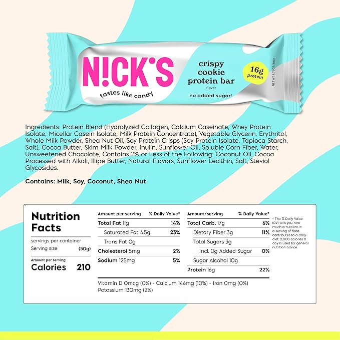 Nick’s Protein Bars Crispy Cookie Chocolate – 12-Count Box | High Protein, Low Calories, Low Carbs, Keto Friendly, No Added Sugar (12 bars x 50g)