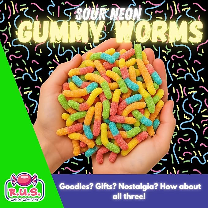 Sour Neon Gummy Worms – 8 oz Bag | R.U.S. Candy Company | Tangy, Fruity, Chewy Candy | Bright & Fun Party Treats, Snack Bags, Movie Night, Birthday & Holiday Candy (Half Pound)