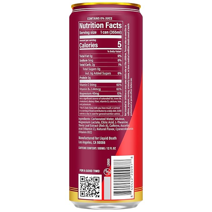 Liquid Death Sparkling Energy - Murder Mystery (Cherry, Cream, Spice), Zero Sugar Energy Drink, Unextreme Caffeine 100mg, Essential Vitamins, 12 Fl Oz (Pack of 12)