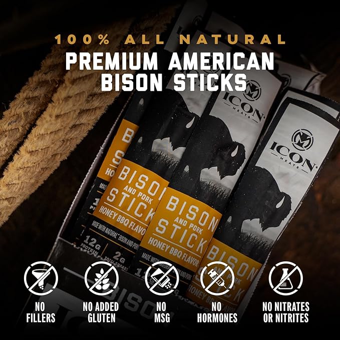 ICON Meats Bison and Pork Snack Sticks, Honey BBQ, 24 Pack of High Protein Snacks, Low Sugar, Natural Jerky Meat Sticks, Gluten Free, USDA Inspected, Made in the USA, Gifts or Stocking Stuffers