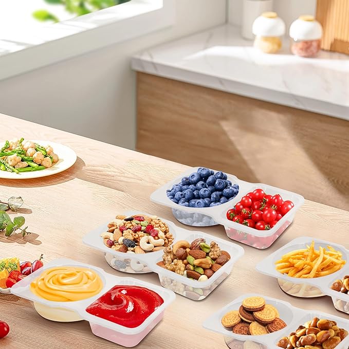 CJT 12 Sets Reusable Compartment Condiment Container with Lids - Disposable Double Small Plastic Snack Containers for Sauces, Meal Prep, Salad Dressing