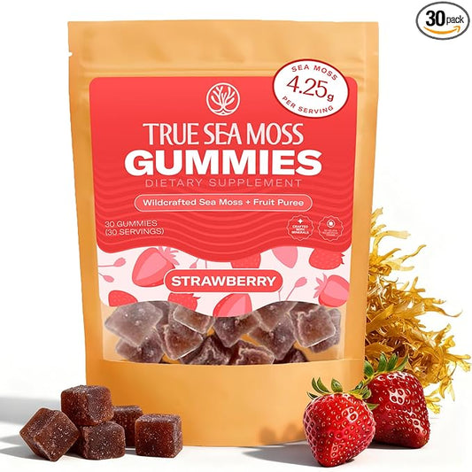 True Sea Moss Gummies – High Potency 4250mg Wildcrafted Irish Sea Moss Gel Extract per Serving + Strawberry Flavor – With Coconut Sugar & Real Fruit Purée – 30 Gummies (30 Servings)