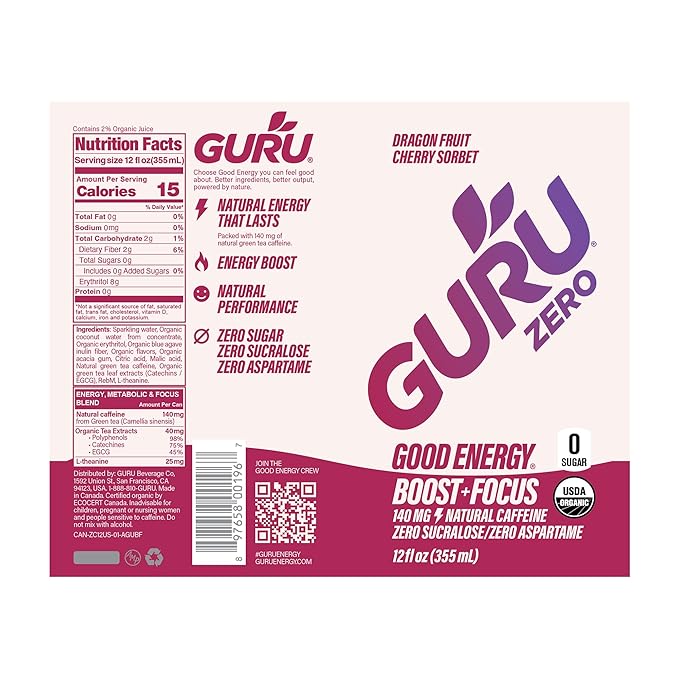 GURU ZERO SUGAR Dragon Fruit Cherry Sorbet Organic Energy Drink with Plant Based Natural Caffeine from Green Tea, Coconut Water, Prebiotic, Zero Added Sugars, Gluten Free & Vegan, Pre Workout, 140MG Caffeine, 12 Oz (Pack of 24)