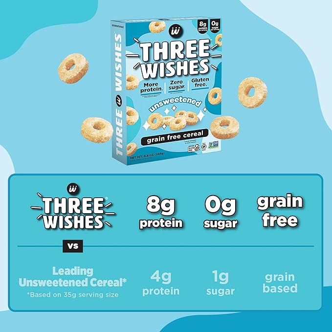 Three Wishes Grain-Free & Protein Cereal - Healthy, Sugar-Free & Gluten-Free Breakfast Cereal - Low Carb, Plant-Based, Vegan & Non-GMO - Unsweetened, 6-Pack
