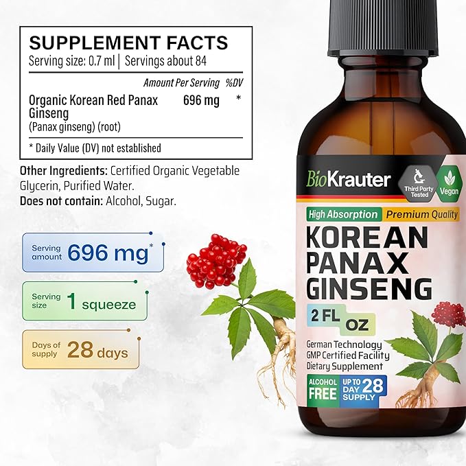 BIO KRAUTER® Ginseng Supplement - Pure Vegan Liquid Drops Korean Red Ginseng 696 mg per Serving 2 Fl.Oz 28-Day Supply - Used for Energy, Focus, Performance & Immune Support - Alcohol & Sugar Free