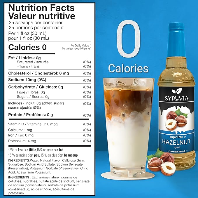 Syruvia Sugar Free Coffee Syrup, Hazelnut Flavored Syrup for Drinks, Lattes, and Desserts – 25.4 fl oz
