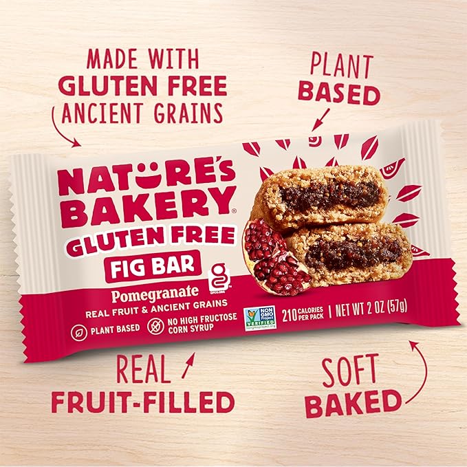 Nature's Bakery Gluten Free Fig Bars, Pomegranate, 1- 12 Count Box of 2 oz Twin Packs (12 Packs), Vegan Snacks, Non-GMO