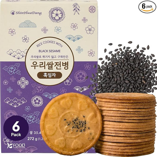Korean Food Shinwhadang Rice Wafer Snacks(6 packs) – Black Sesame Flavor, Oven-Baked Crispy Rice Crackers, Korean Rice Crisps (9.6 oz)