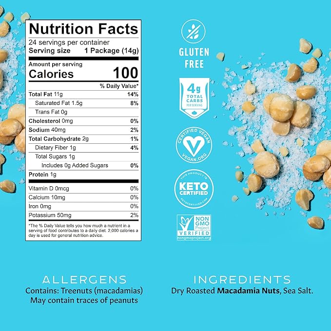 Mauna Loa Sea Salt Roasted Macadamia Nuts, 24 Pack of 0.5 oz Mini Pouches, Keto Friendly, Gluten Free, Healthy Hawaiian Snack
