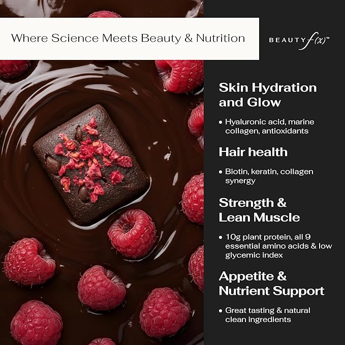 Beauty f(x) Protein Beauty Bites - Collagen Bars – Cacao Raspberry Collagen Protein Bars for Women – 10g Protein, 120 Calories, No Added Sugar – Supports Skin, Hair, and Nails