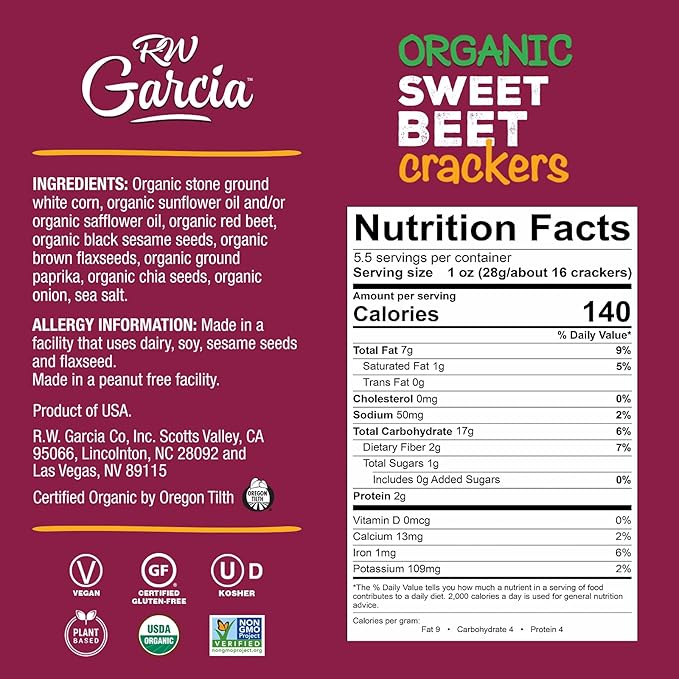 RW Garcia Organic Sweet Beet Crackers, Gluten Free, 5.5oz Boxes, 6 Pack