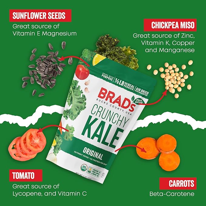 Brad’s Plant-Based - Organic Crunchy Kale Chips - Healthy Snack with Sea Salt - High in Plant-Based Protein & Fiber - Low Carb, Organic Veggie Chips - Original - 2 Oz (Pack of 3)
