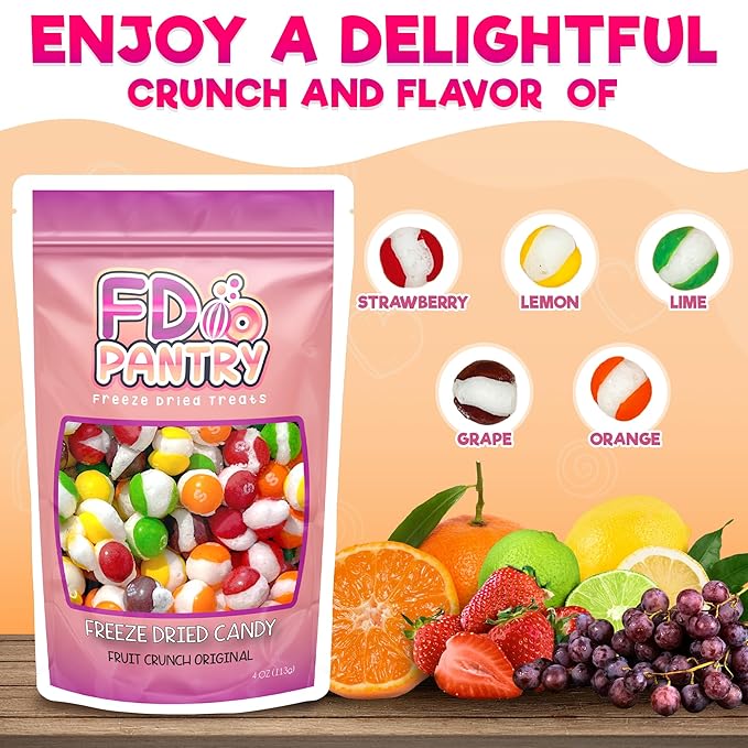 Freeze Dried Candy, Fruit Crunch Original, 4 oz, 2 Pack, Assorted Strawberry, Orange, Lemon, Grape, Lime Flavors, Bag Pouch, Ideal Gift Snack