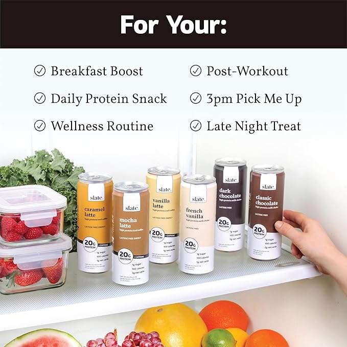 Slate Milk - High Protein Iced Coffee - Caramel Latte - 175mg Caffeine, Lactose Free Energy - 20g Protein, 1g Sugar, 100 Calories, 1g Net Carbs, No Sugar Added - Protein Coffee - 11 fl oz, 12 Cans