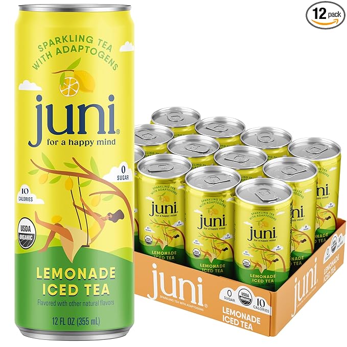 Juni Sparkling Adaptogen Drink with Ashwagandha, Lion’s Mane & Reishi Mushrooms, Green Tea for Focus, Zero Sugar, 10 Calories, Organic Non Alcoholic Drinks - Lemonade Iced Tea 12 pack