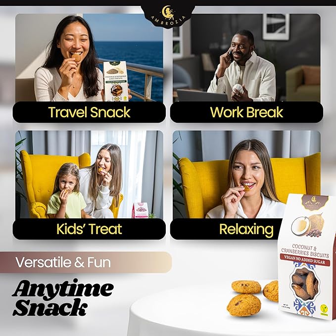 Ambrozia Vegan Snack Biscuits – Coconut & Cranberry - Soft Baked, No Added Sugar, Clean Label, High Fiber & Wholesome Ingredients, Kid-Friendly, Healthy Snacks for Active Lifestyles, 4 x 4.58 Oz