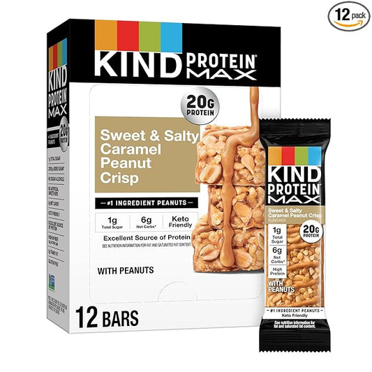 KIND Protein MAX Sweet & Salty Caramel Peanut Crisp Snack Bars, Keto Friendly, 20g Protein, 12 Count