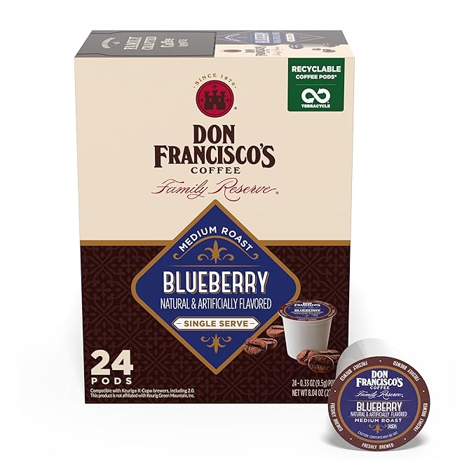 Don Francisco's Blueberry Flavored Coffee Pods, 24 Count, Medium Roast, Compatible with Keurig Brewers