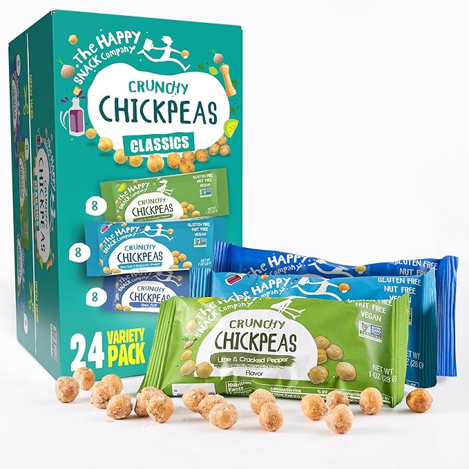 Happy Snack Company Crunchy Chickpeas Classics Variety Pack (Pack of 24 1oz) Classic Sea Salt x 8 Lime & Cracked Pepper x8 Sea Salt & Balsamic x8.