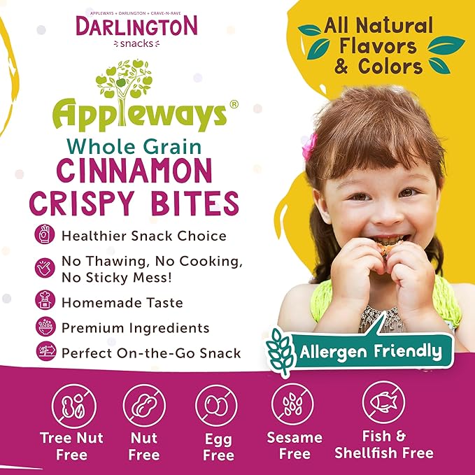 Appleways Whole Grain Cinnamon Crispy Bites, All-Natural Individually Wrapped Cinnamon Best Snacks for Classroom, Made in USA, 108 Count, 1 Oz