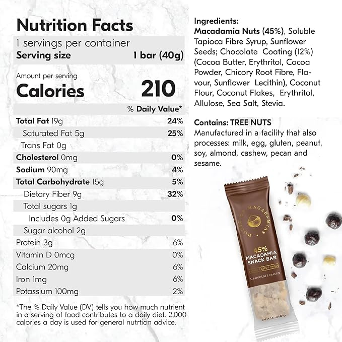 House of Macadamias, Macadamia Snack Bars, Chocolate, 12 x 1.41oz - Keto, Vegan, Paleo, Gluten-Free, Sugar-Free, Dairy-Free, Healthy Snack Option