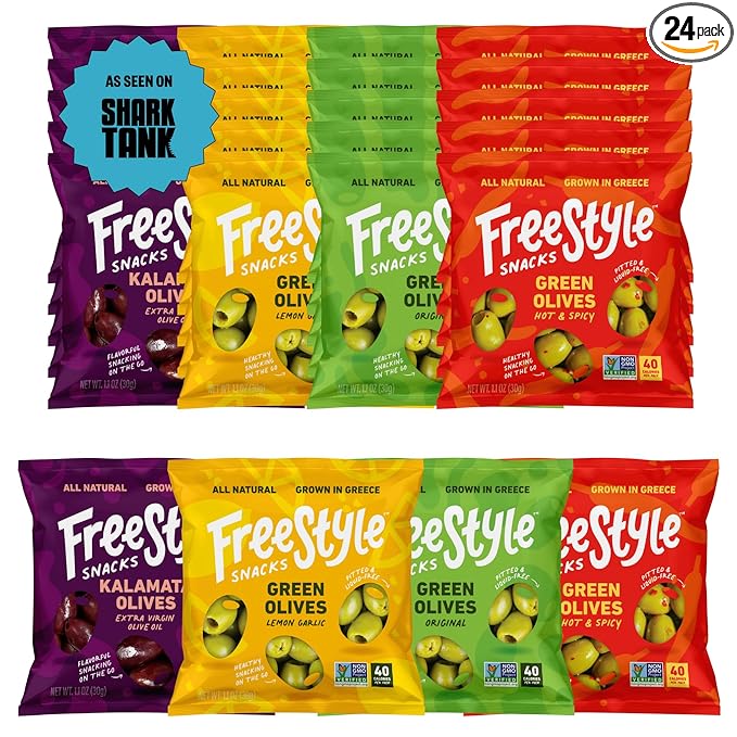 Freestyle Snacks Olive Snack Packs - 24 Pack Variety - Original Green, Hot & Spicy, Lemon Garlic, and Kalamata - Grown in Greece, All Natural, Non-GMO, Paleo, Sugar-Free, Keto Snack, 1.1oz (24 Pack)