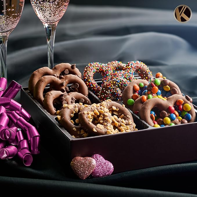 KREMERY Creamy Chocolate Cravings - Valentines Day Chocolate Covered Pretzel Twists Gift Basket, in Brown Gift Box (12 Pretzels, Assorted Sweet Toppings) Sweet Treats Food Arrangement, Kosher