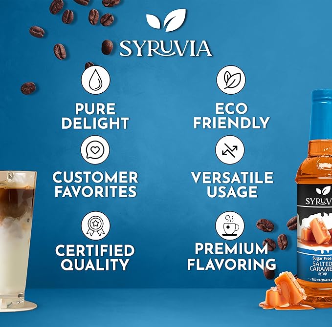 Syruvia Sugar Free Coffee Syrup, Salted Caramel Flavored Syrup for Drinks, Lattes, and Desserts – 25.4 fl oz, (Pack of 2)