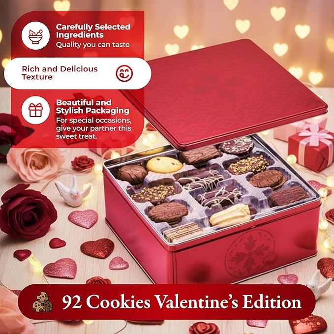 Lambertz European Cookie Tin For Valentine’s Day – 92 Cookies, 10 Varieties – Ready To Serve And Gift-Ready For Sweetheart Sharing And Office Treats – 26 Ounces