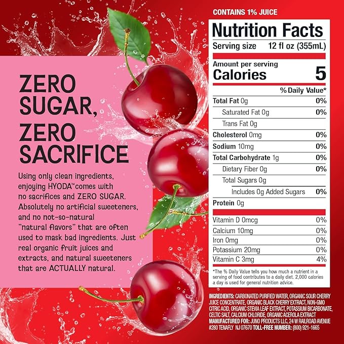 HYODA Cherry Soda, Gluten Free and Vegan Sparkling Electrolyte Drink, Made with Organic Cherry Juice, Celtic Salt, and Calcium, Keto, Zero Sugar, Plant Based, Caffeine Free, 12 FL OZ Cans, 12 Pack