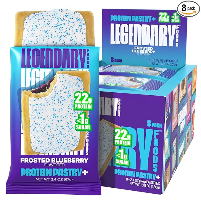 Legendary Foods 22g Protein Pastry 0g Added Sugar, Low Carb, Gluten Conscious, Keto Snack, Ideal for Glucose Management, Includes Whey Protein Isolate, 8 Pack Frosted Blueberry