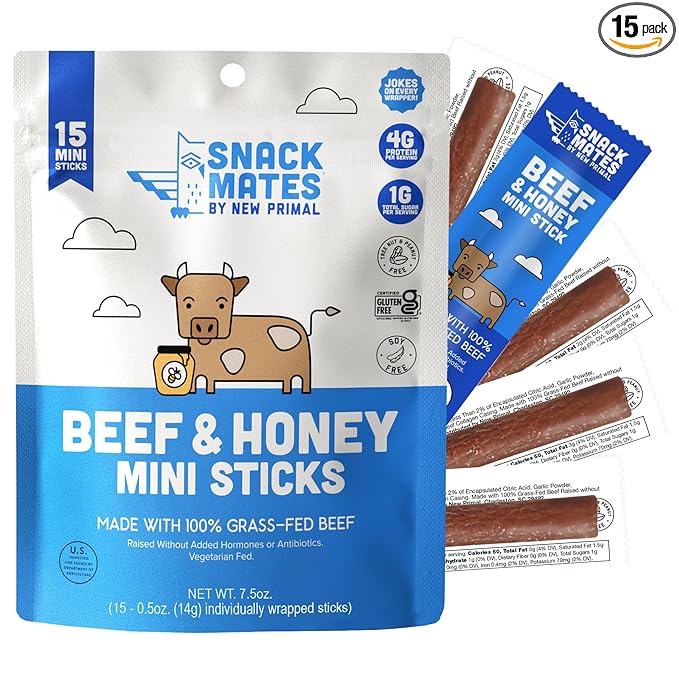 New Primal Snack Mates Beef & Honey Sticks, Healthy Snacks for Kids, Low Sugar High Protein Back to School Snacks, Gluten Free, Mini Jerky Meat Stick, 4g Protein, 50 Calories, 15 Pack