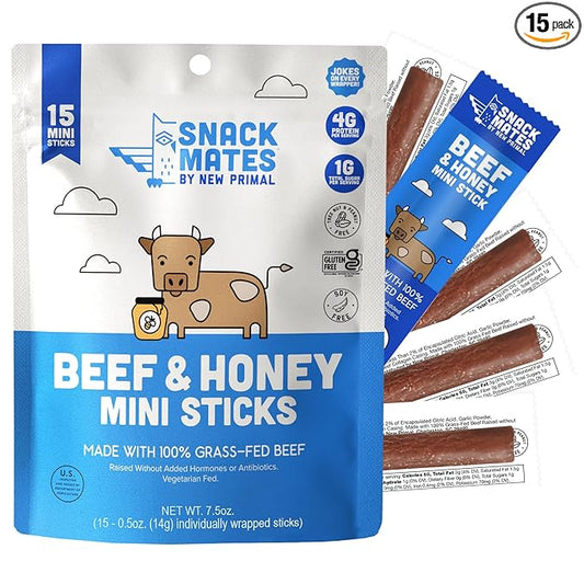 New Primal Snack Mates Beef & Honey Sticks, Healthy Snacks for Kids, Low Sugar High Protein Back to School Snacks, Gluten Free, Mini Jerky Meat Stick, 4g Protein, 50 Calories, 15 Pack