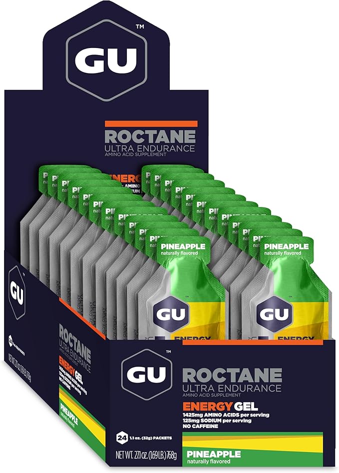 GU Energy Roctane Ultra Endurance Energy Gel, Vegan, Gluten-Free, Kosher, and Dairy-Free On-The-Go Sports Nutrition for Running, Biking, Hiking or Skiing, 24-Count, Pineapple