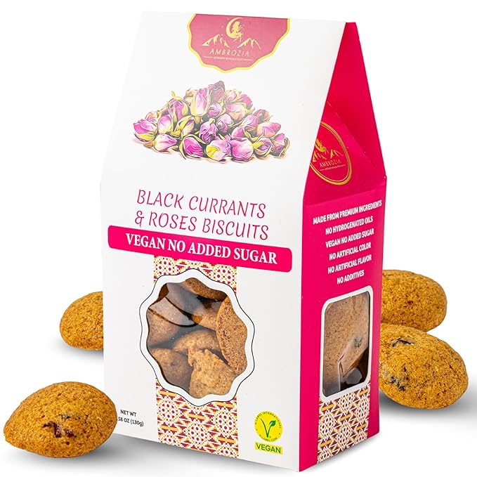 Ambrozia Vegan Snack Biscuits – Blackcurrant & Rose - Soft Baked, No Added Sugar, Clean Label, High Fiber & Wholesome Ingredients, Kid-Friendly, Healthy Snacks for Active Lifestyles, 4 x 4.58 Oz