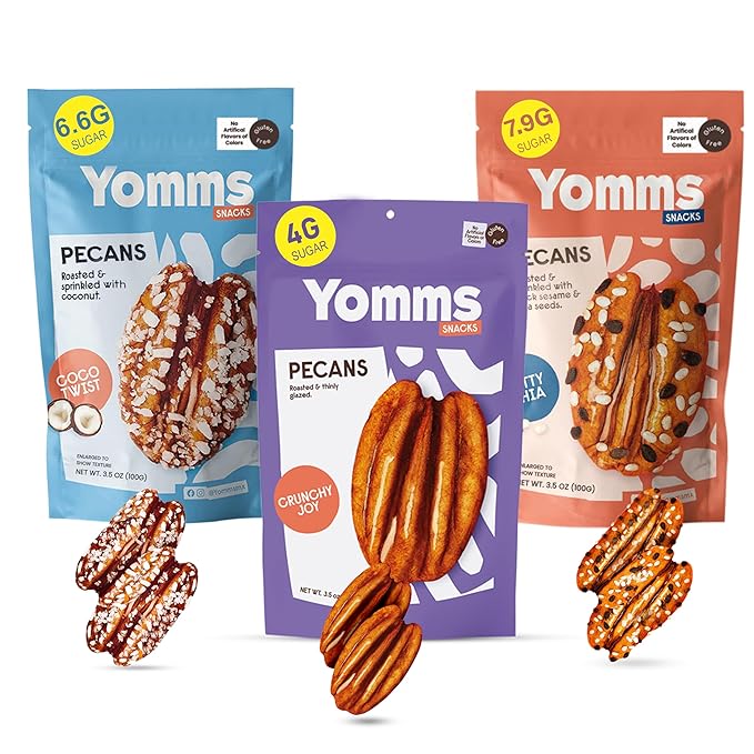 Yomms Gourmet Glazed Whole Pecan Halves Variety Pack, 10.5 oz (3 Pack), Gluten-Free & Non-GMO Healthy Dessert Snacks – Low Sugar Candied Nut Pouches – Coco Twist, Nutty Chia, Crunchy Joy – 3.5oz Individual Bags