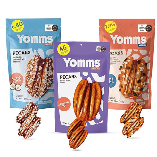 Yomms Gourmet Glazed Whole Pecan Halves Variety Pack, 10.5 oz (3 Pack), Gluten-Free & Non-GMO Healthy Dessert Snacks – Low Sugar Candied Nut Pouches – Coco Twist, Nutty Chia, Crunchy Joy – 3.5oz Individual Bags