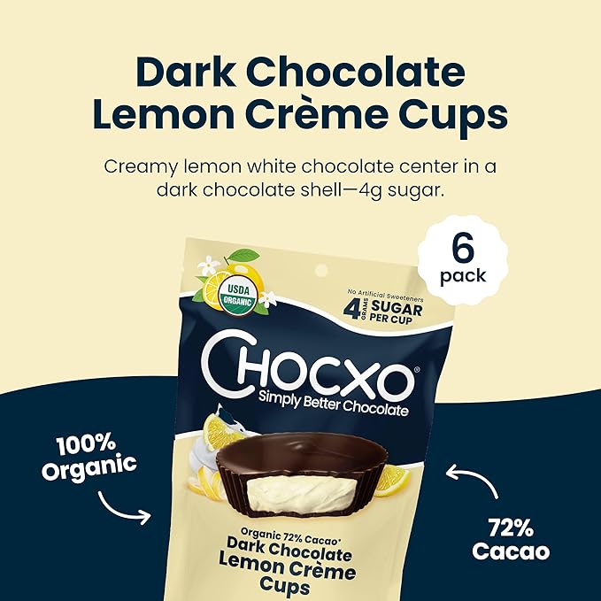 Chocxo Dark Chocolate Lemon Crème Cups - Lower Sugar, Organic 72% Cacao, NonGMO, Keto, Gluten Free, Kosher, No Artificial Sweeteners/Sugar Alcohols, 3.45 oz (Pack of 6)