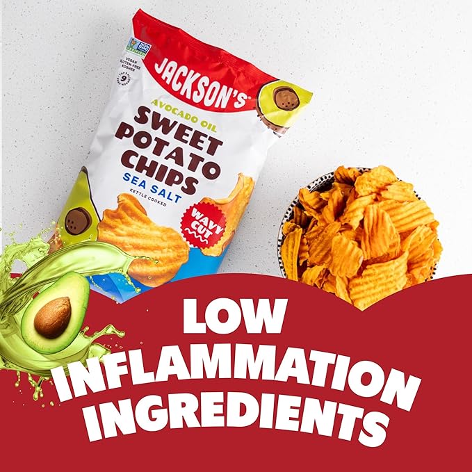 Jackson’s Wavy Sweet Potato Kettle Chips - with Sea Salt made with Premium Avocado Oil (7oz, Pack of 6) - Allergen-friendly, Gluten Free, Peanut Free, Vegan, Paleo Friendly - Shark Tank Product