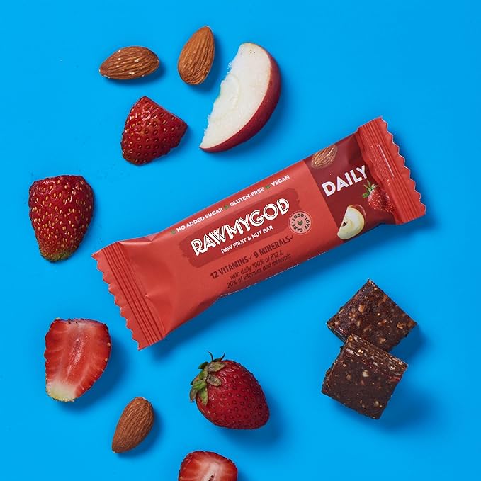 RAWMYGOD Fruit and Nut Bars, Gluten Free, Vegan, No Added Sugar (20 bars, Vitality Pack - 5 Prebiotic, 5 Moringa, 5 Baobab, 5 Daily)